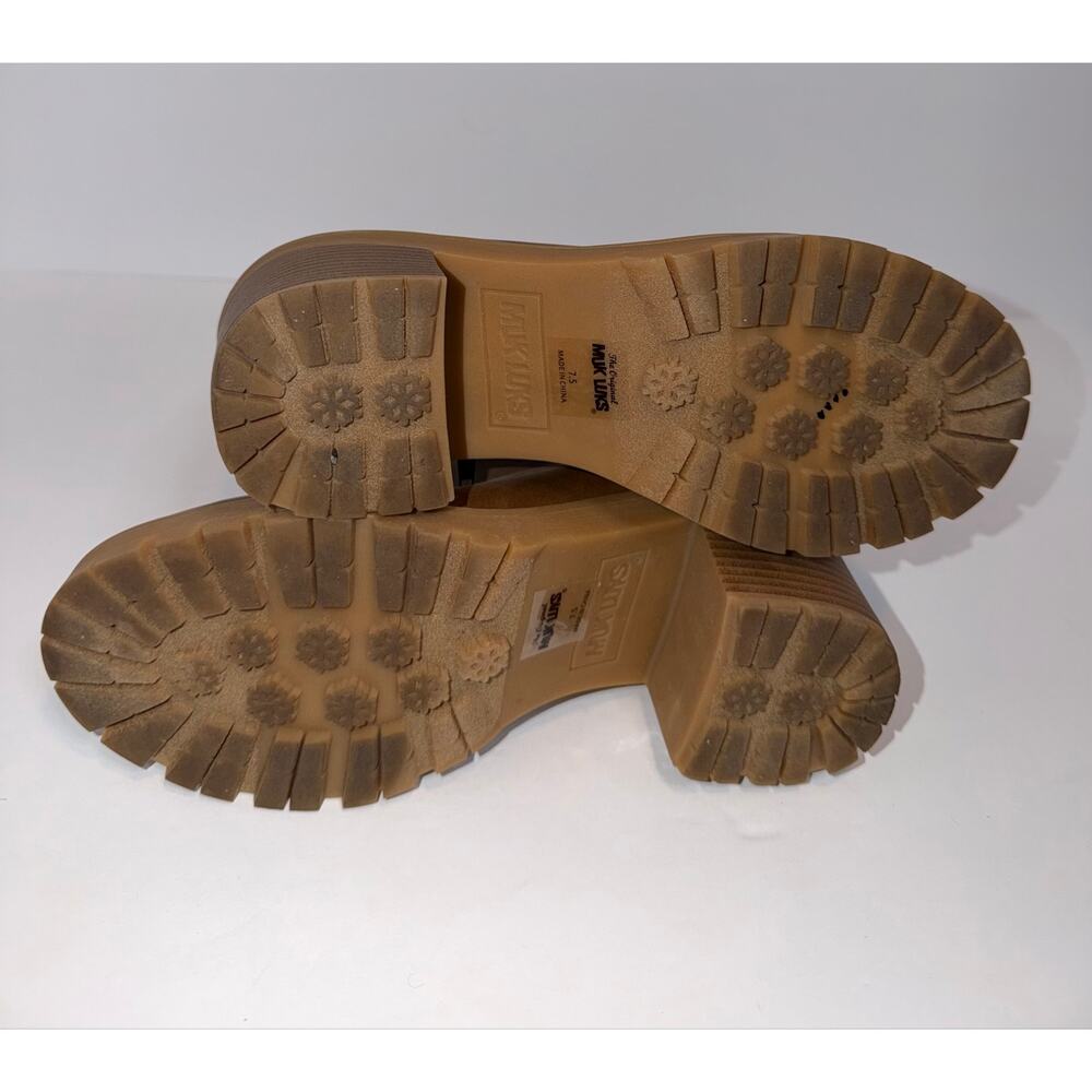 Muk Luks Brown Faux Leather Ankle Booties Size 7.5 Knit Cuff Lug Sole 2.5” Heel - Picture 11 of 11